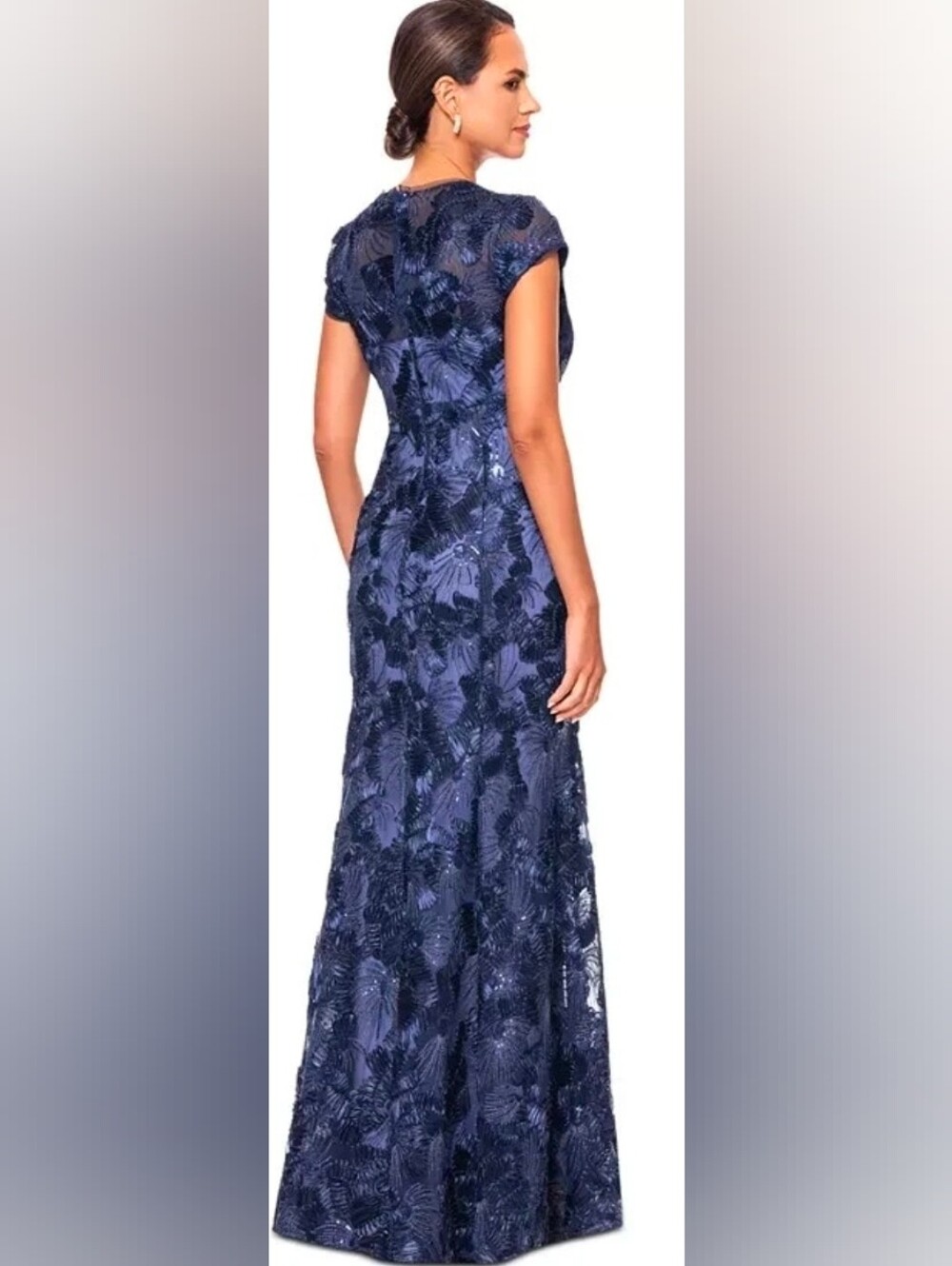 Betsy & Adam Navy Lace V-Neck Cap Sleeve Maxi Gown - Picture 5 of 6